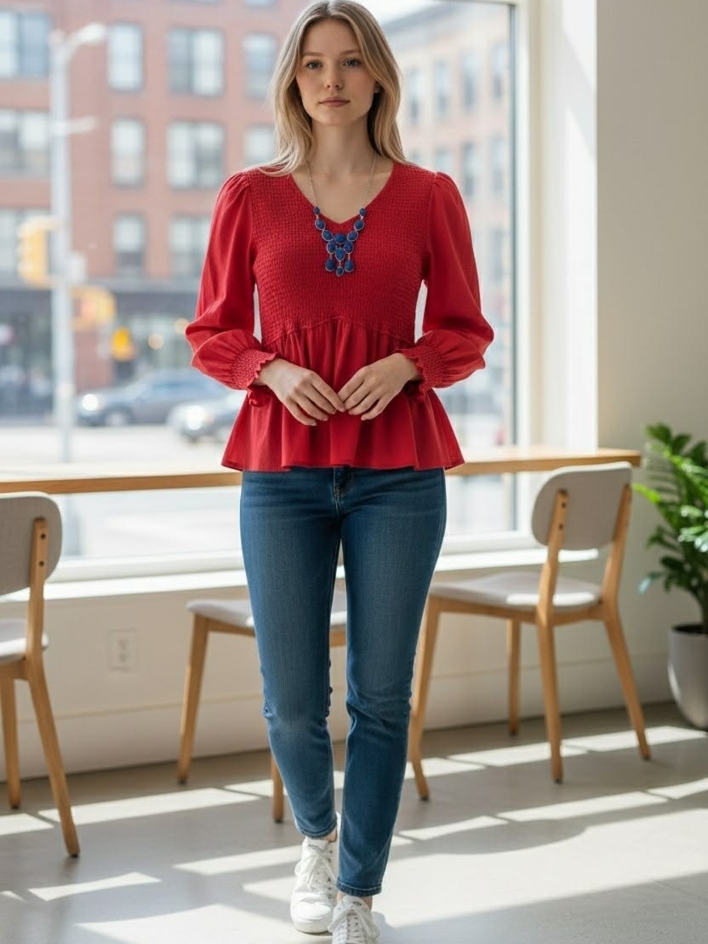 Red Smocked Peplum Long-Sleeve Top - Women